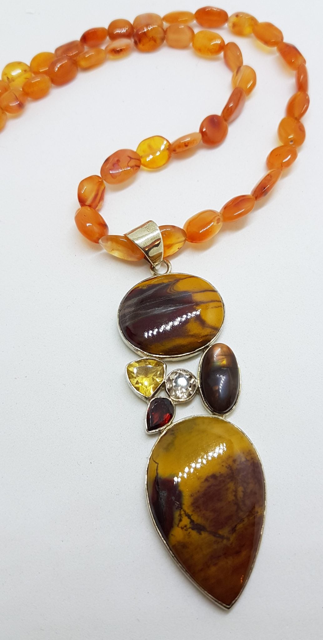 Sterling Silver Long Mookaite with Garnet, Amethyst, Citrine and Pendant on Carnelian Bead Chain Necklace