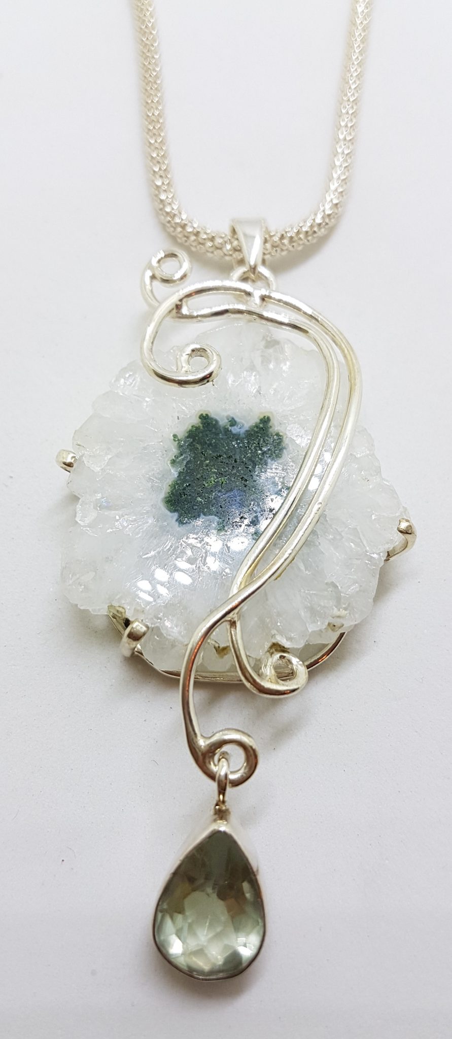 Sterling Silver Long Ornate Solar Quartz with Green Amethyst / Prasiolite Pendant on Silver Chain