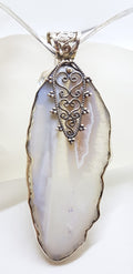 Sterling Silver Very Large Agate with Ornate Filigree Top Pendant on Silver Choker Chain / Necklace