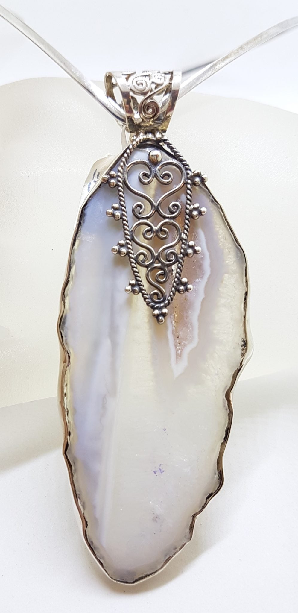 Sterling Silver Very Large Agate with Ornate Filigree Top Pendant on Silver Choker Chain / Necklace