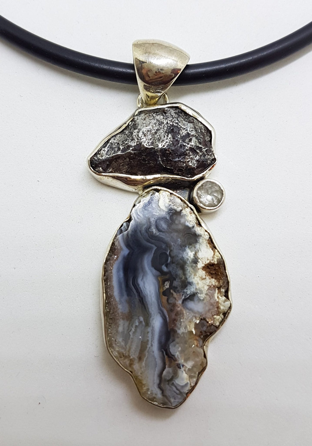 Sterling Silver Meteorite, Clear Crystal Quartz and Agate Large Pendant on Black Chain / Necklace