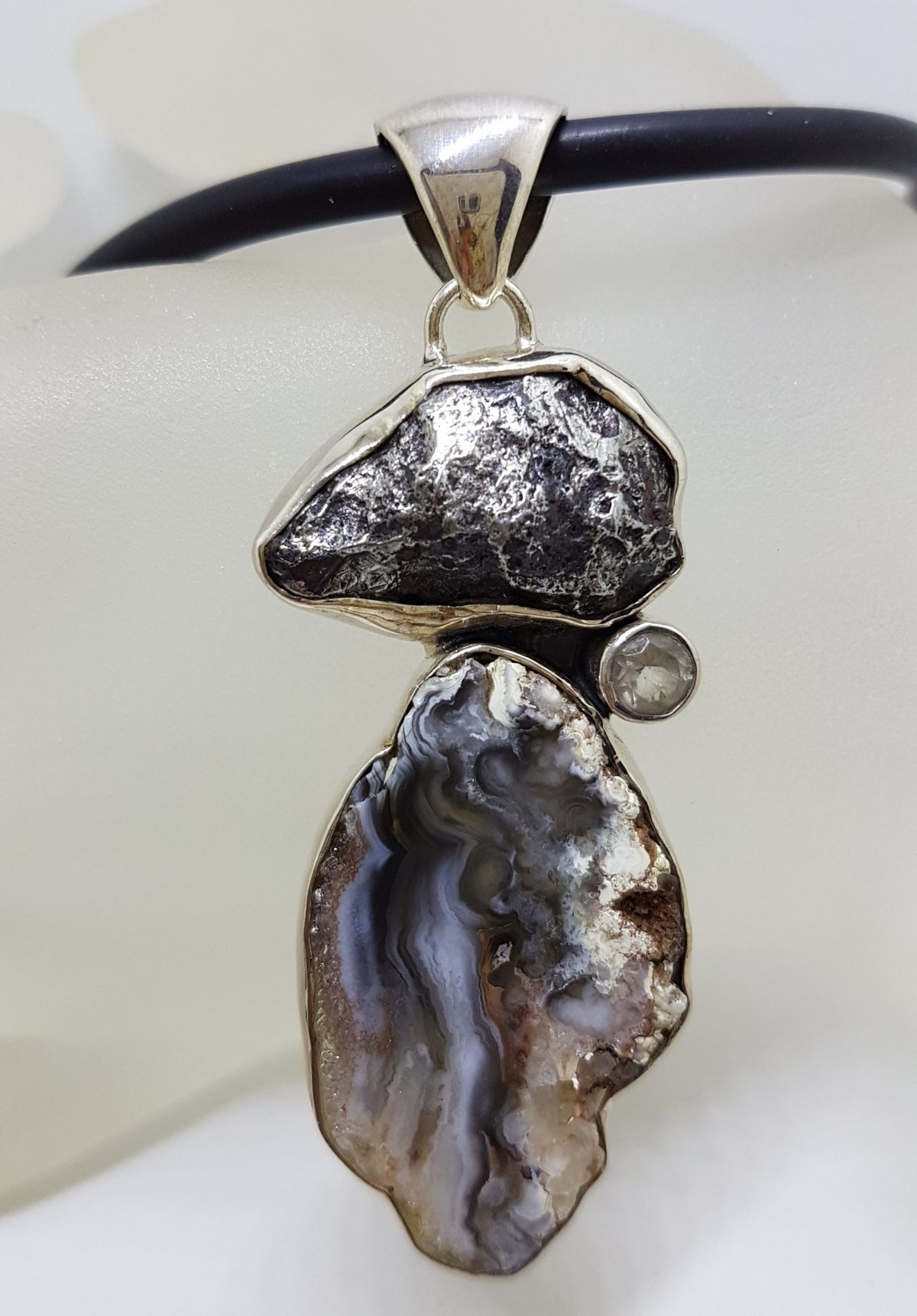 Sterling Silver Meteorite, Clear Crystal Quartz and Agate Large Pendant on Black Chain / Necklace