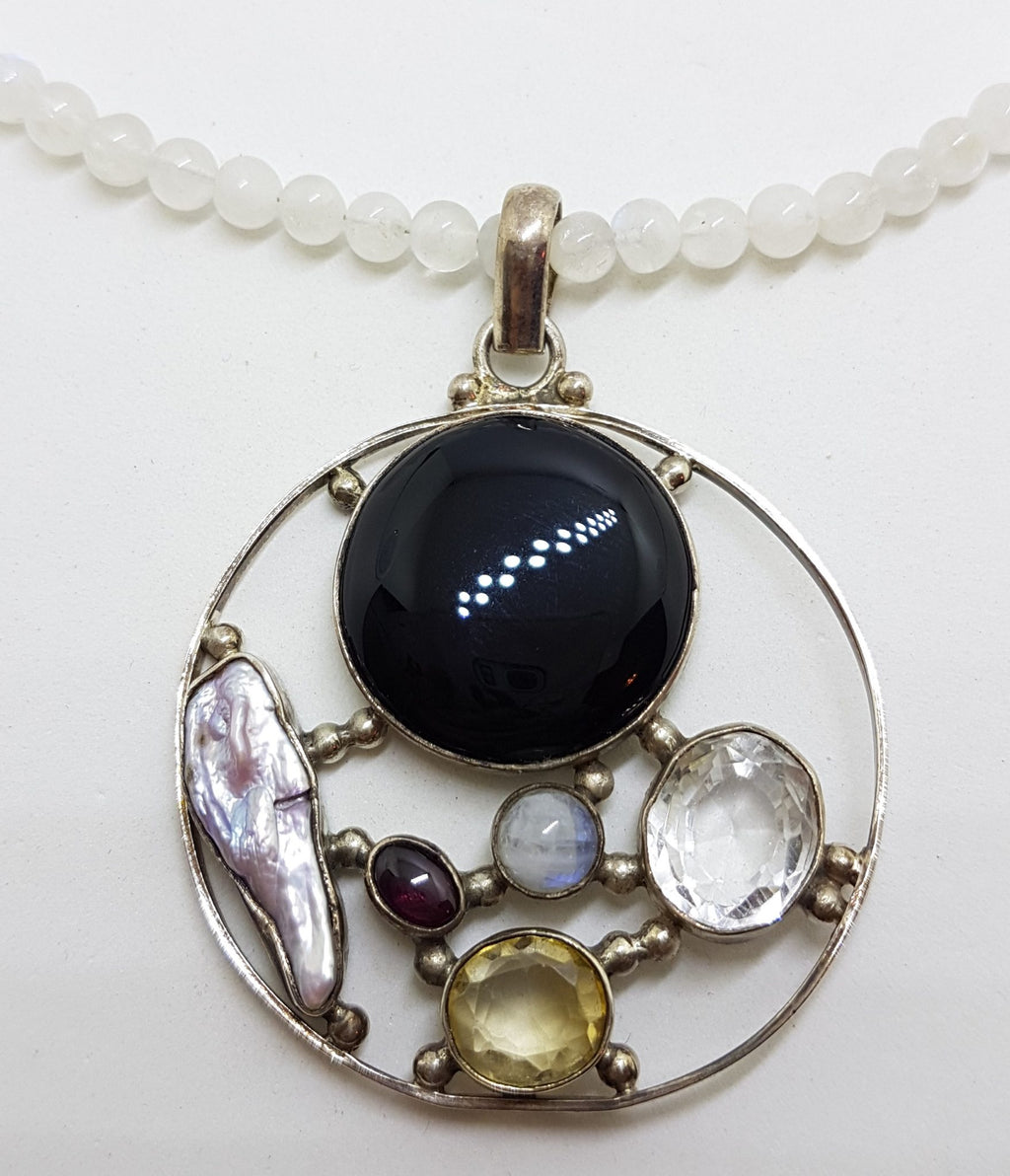 Sterling Silver Large Round Cluster Pendant with Onyx, Clear Crystal Quartz, Pearl, Moonstone, Garnet and Citrine on Rose Quartz Bead Necklace