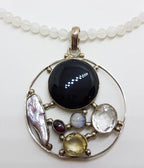 Sterling Silver Large Round Cluster Pendant with Onyx, Clear Crystal Quartz, Pearl, Moonstone, Garnet and Citrine on Rose Quartz Bead Necklace