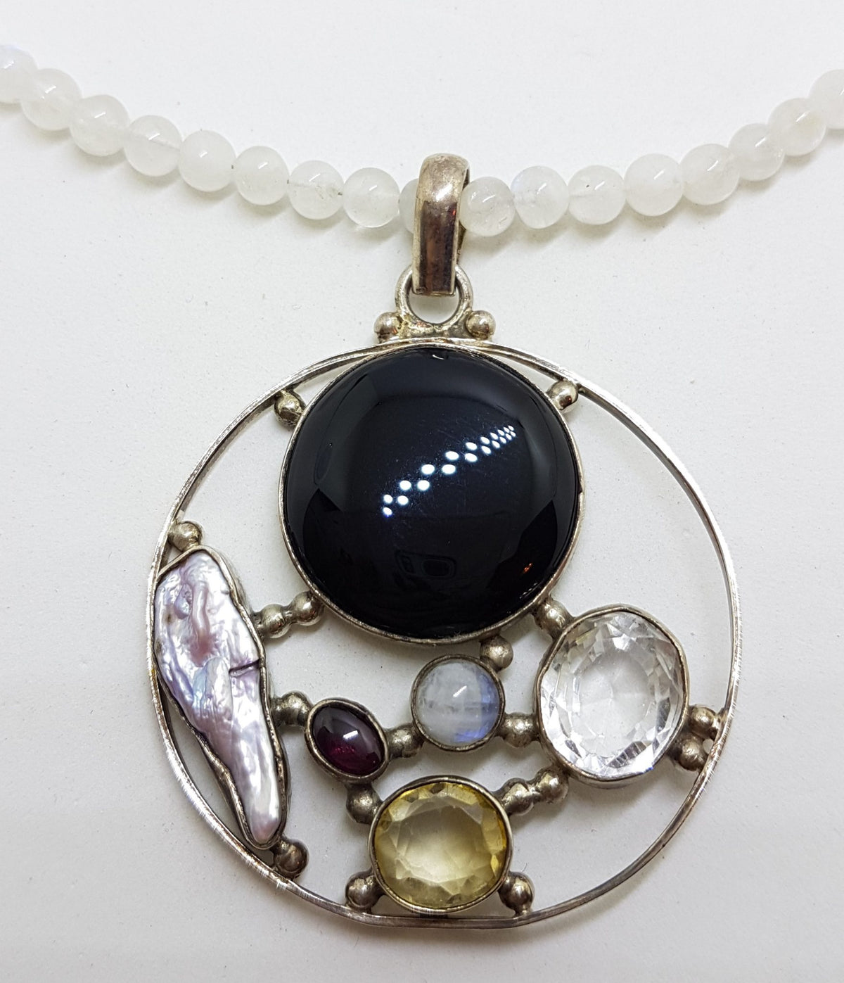 Sterling Silver Large Round Cluster Pendant with Onyx, Clear Crystal Quartz, Pearl, Moonstone, Garnet and Citrine on Rose Quartz Bead Necklace