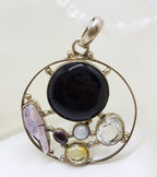 Sterling Silver Large Round Cluster Pendant with Onyx, Clear Crystal Quartz, Pearl, Moonstone, Garnet and Citrine on Rose Quartz Bead Necklace
