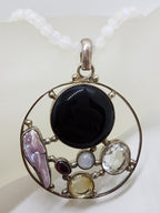 Sterling Silver Large Round Cluster Pendant with Onyx, Clear Crystal Quartz, Pearl, Moonstone, Garnet and Citrine on Rose Quartz Bead Necklace