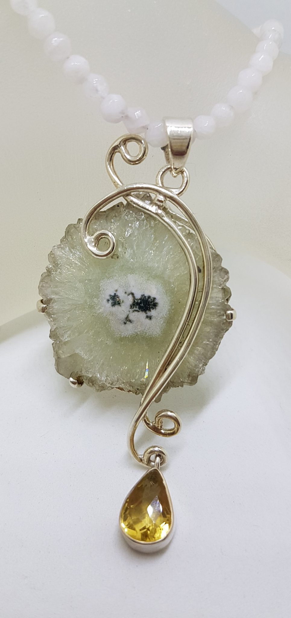 Sterling Silver Long Ornate Solar Quartz with Citrine Pendant on Silver Bead Chain