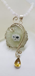Sterling Silver Long Ornate Solar Quartz with Citrine Pendant on Silver Bead Chain