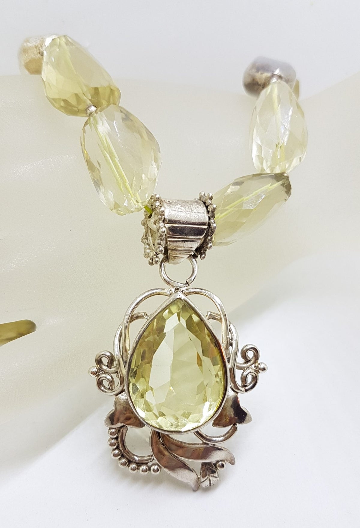 Sterling Silver Large Chunky and Ornate Citrine Pendant on Bead Chain Necklace