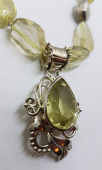 Sterling Silver Large Chunky and Ornate Citrine Pendant on Bead Chain Necklace