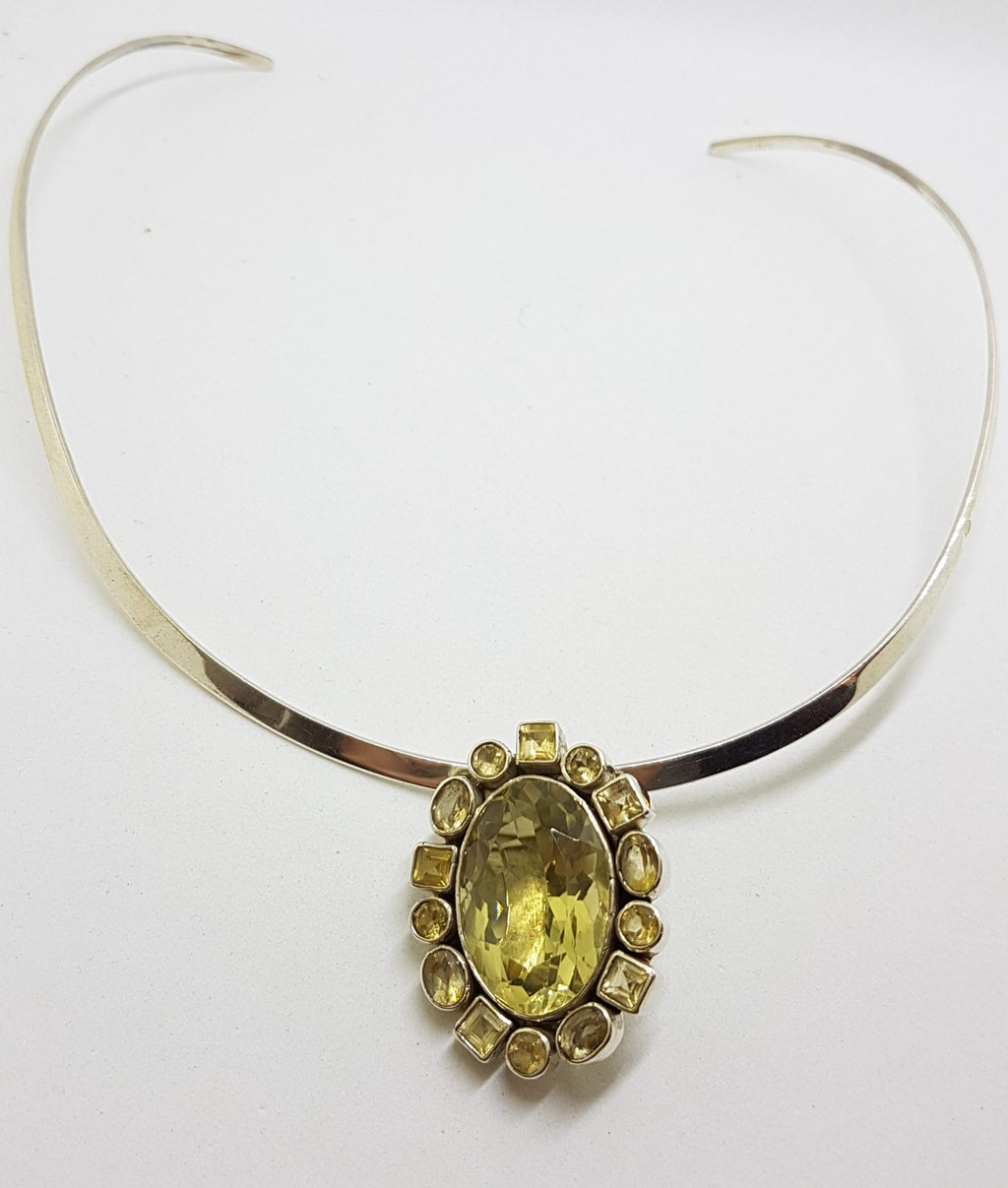Sterling Silver Oval Citrine Cluster Pendant on Choker Necklace