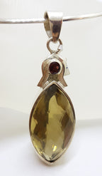 Sterling Silver Long Marquis Shape Citrine with Garnet Pendant on Choker Necklace / Chain