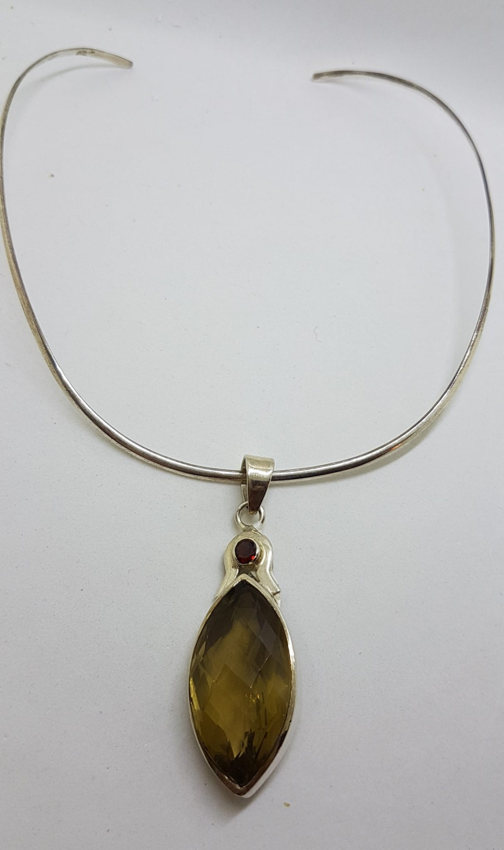 Sterling Silver Long Marquis Shape Citrine with Garnet Pendant on Choker Necklace / Chain