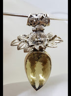 Sterling Silver Large Ornate Floral Top Citrine Pendant on Silver Choker Chain / Necklace
