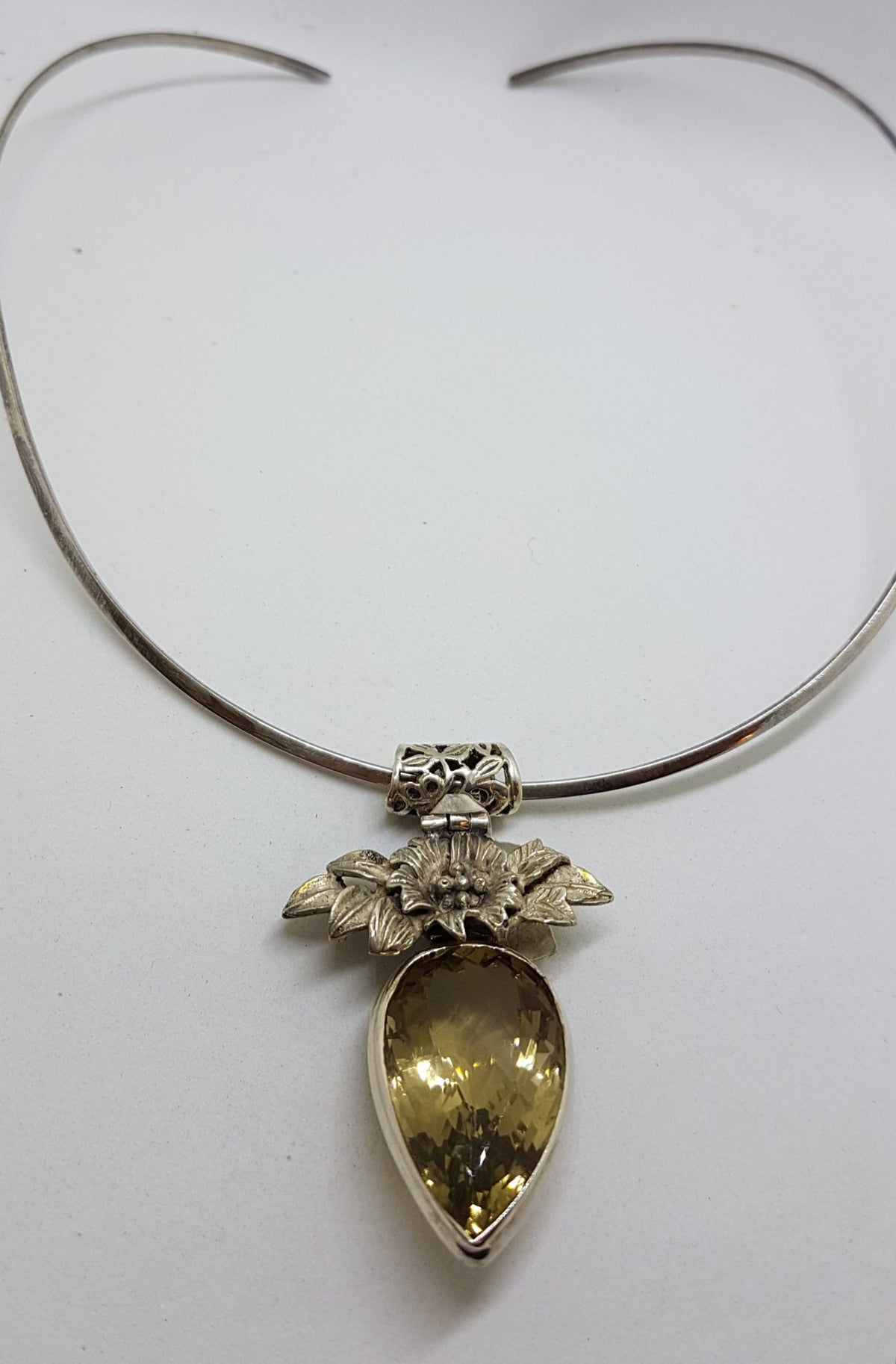 Sterling Silver Large Ornate Floral Top Citrine Pendant on Silver Choker Chain / Necklace