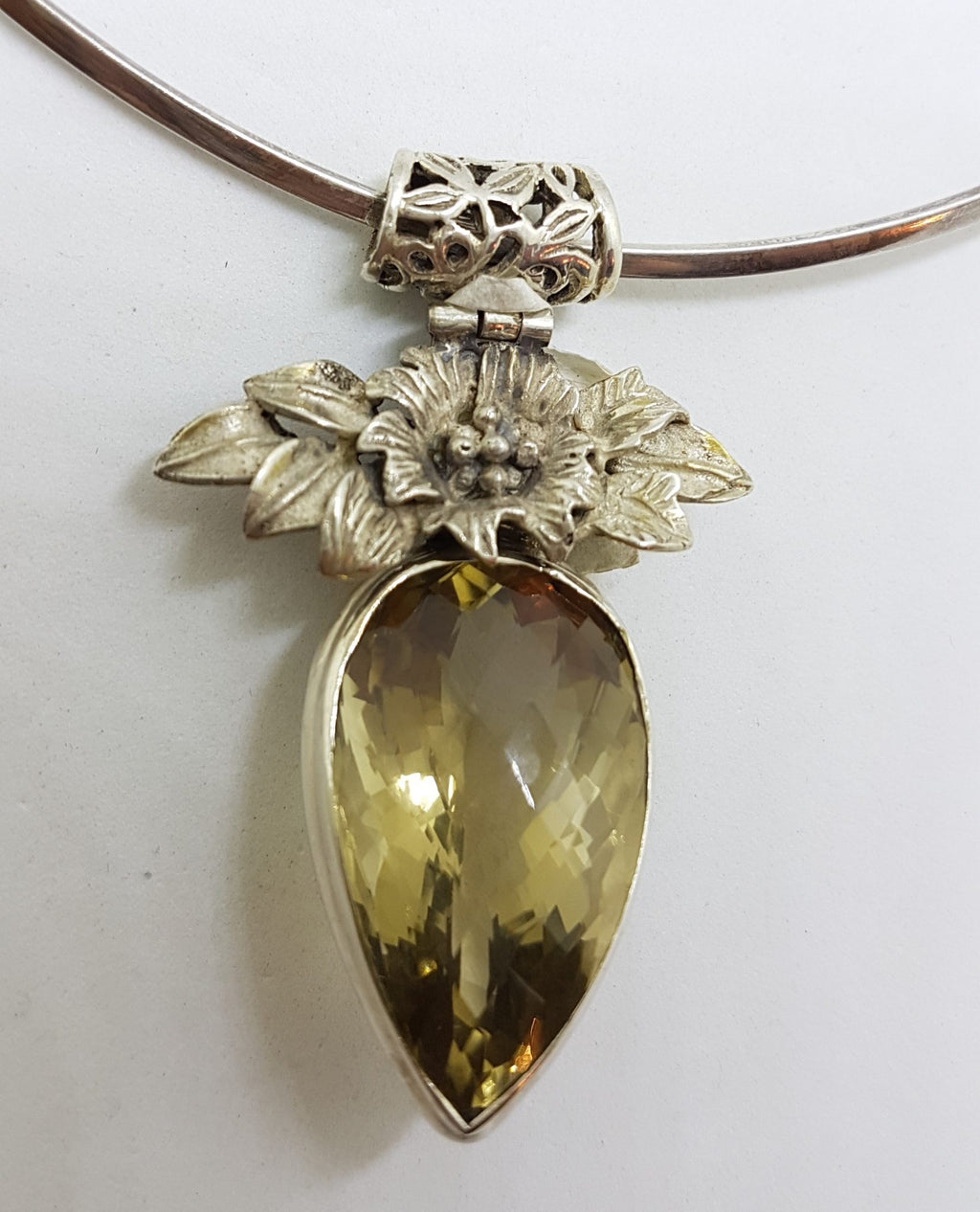 Sterling Silver Large Ornate Floral Top Citrine Pendant on Silver Choker Chain / Necklace