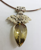 Sterling Silver Large Ornate Floral Top Citrine Pendant on Silver Choker Chain / Necklace