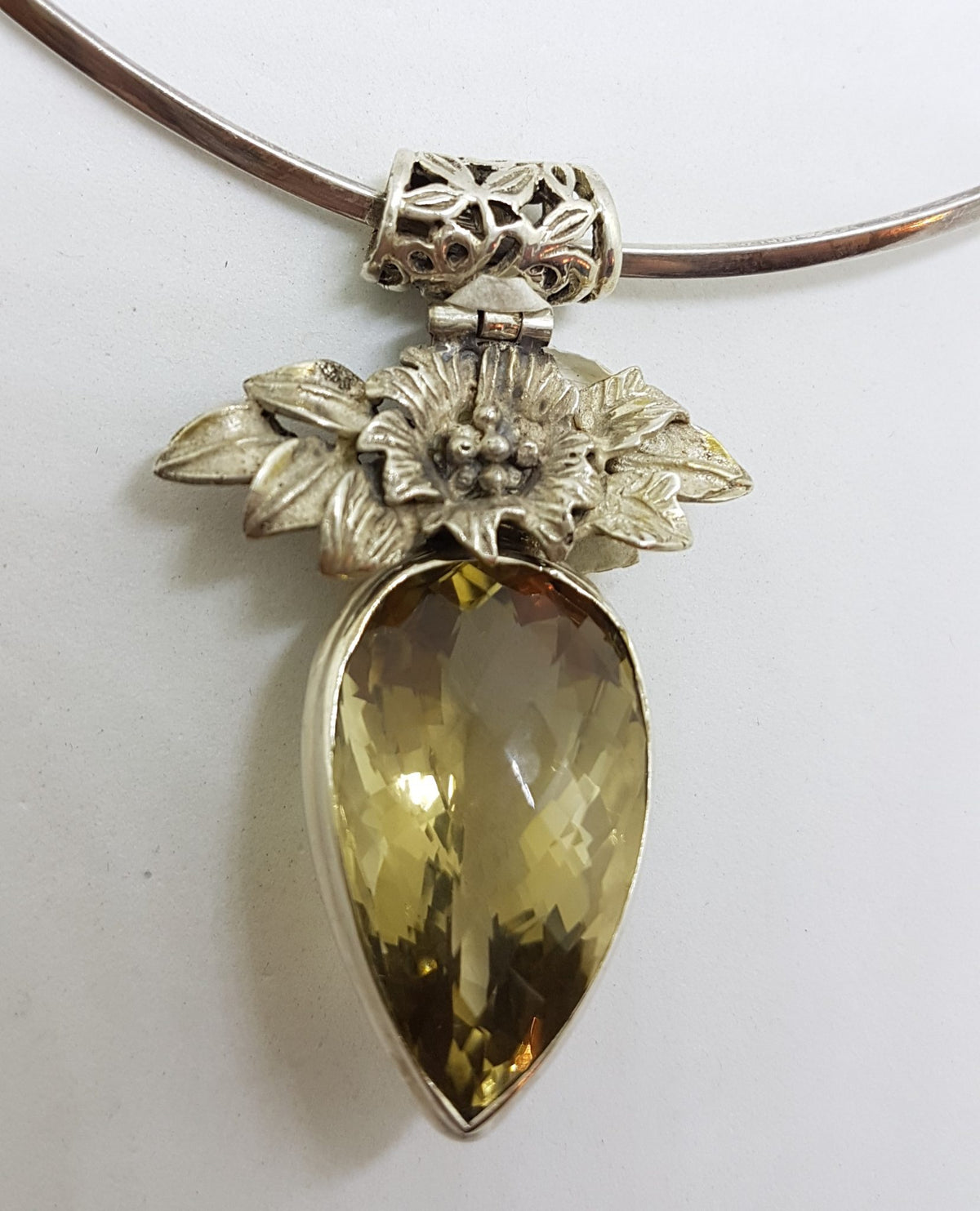 Sterling Silver Large Ornate Floral Top Citrine Pendant on Silver Choker Chain / Necklace