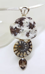 Sterling Silver Large Ammonite, Smokey Quartz and Astrophyllite Pendant on Silver Choker Chain / Necklace