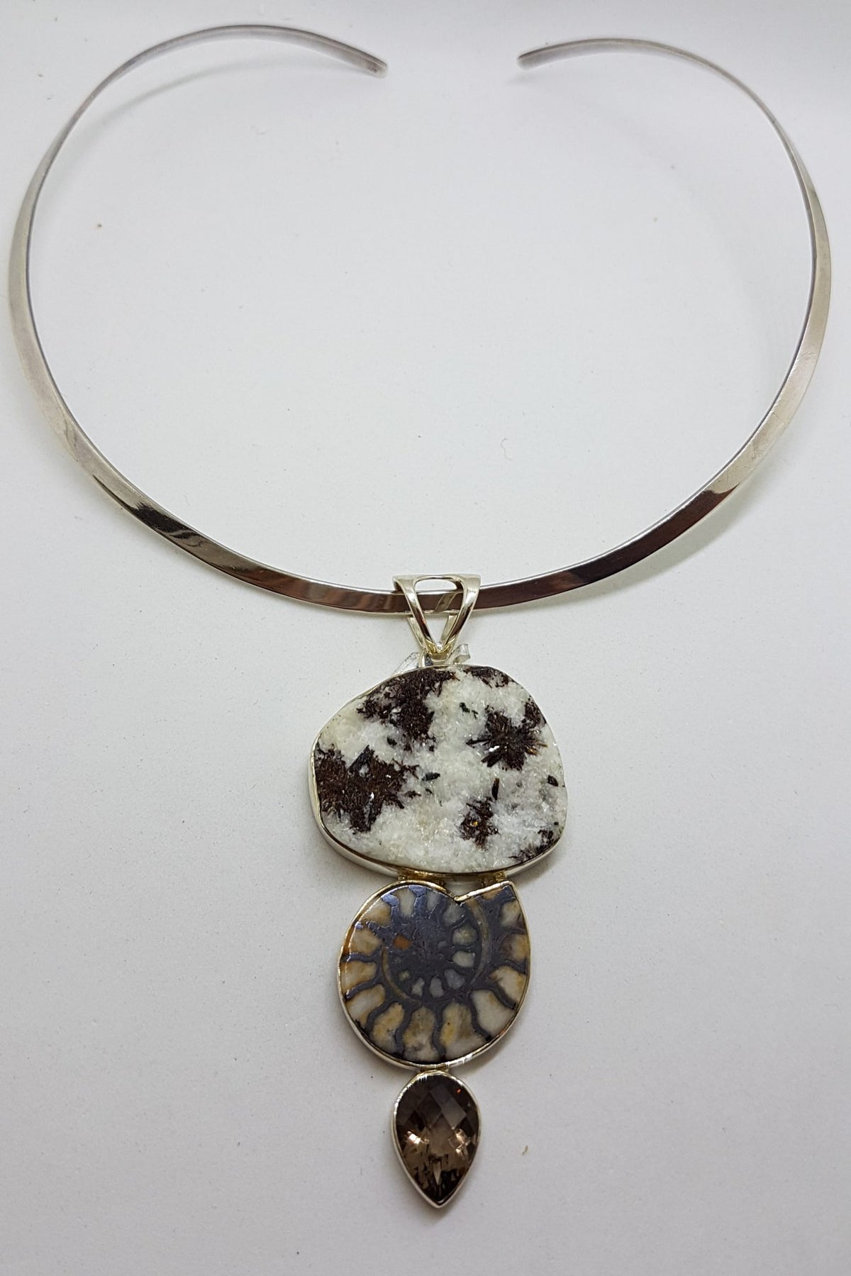 Sterling Silver Large Ammonite, Smokey Quartz and Astrophyllite Pendant on Silver Choker Chain / Necklace