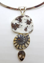 Sterling Silver Large Ammonite, Smokey Quartz and Astrophyllite Pendant on Silver Choker Chain / Necklace