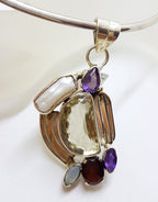 Sterling Silver Large Citrine, Pearl, Amethyst, Garnet and Moonstone Pendant on Silver Choker Chain / Necklace