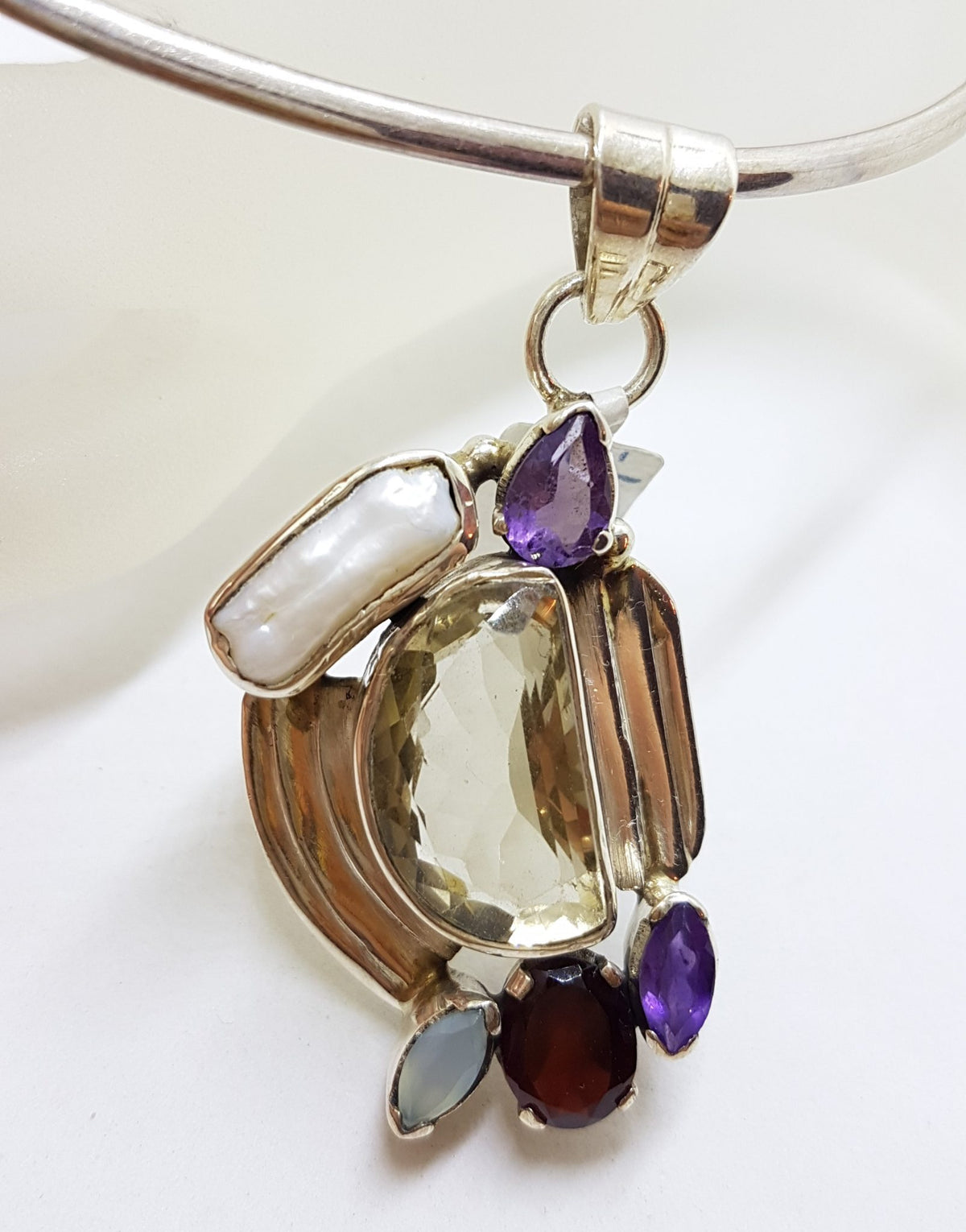 Sterling Silver Large Citrine, Pearl, Amethyst, Garnet and Moonstone Pendant on Silver Choker Chain / Necklace