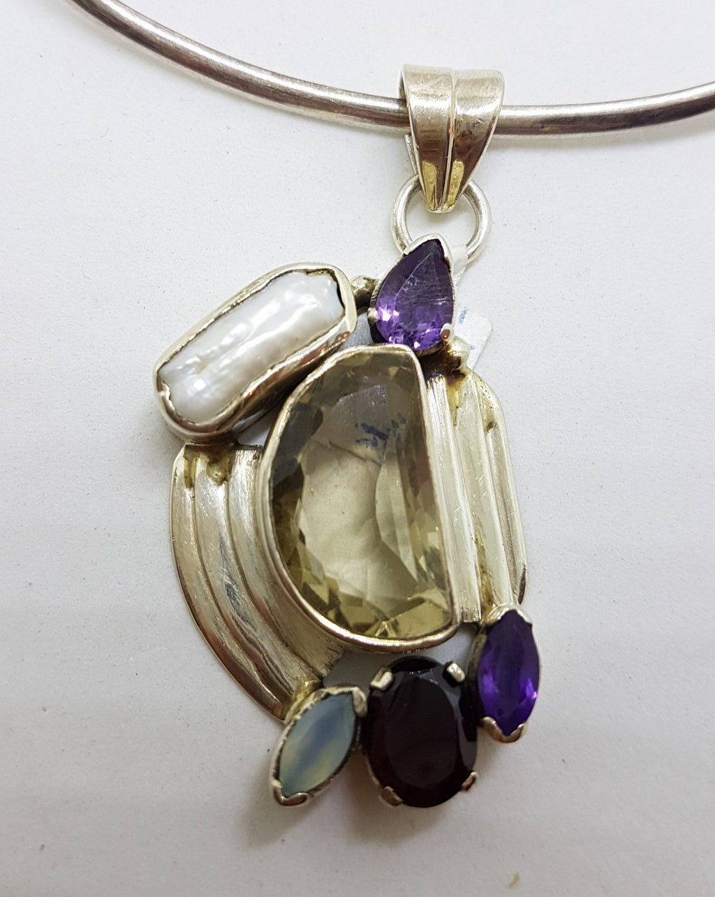 Sterling Silver Large Citrine, Pearl, Amethyst, Garnet and Moonstone Pendant on Silver Choker Chain / Necklace