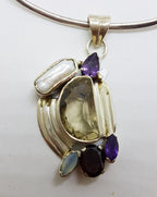 Sterling Silver Large Citrine, Pearl, Amethyst, Garnet and Moonstone Pendant on Silver Choker Chain / Necklace