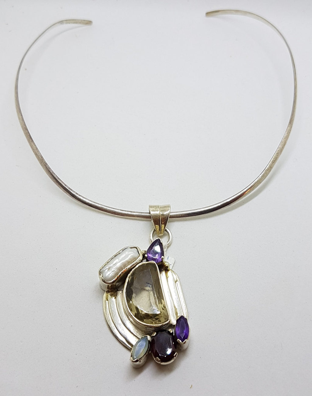 Sterling Silver Large Citrine, Pearl, Amethyst, Garnet and Moonstone Pendant on Silver Choker Chain / Necklace