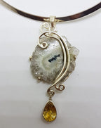 Sterling Silver Long Ornate Solar Quartz with Citrine Pendant on Silver Choker Chain / Necklace