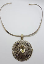 Sterling Silver Filigree / Ornate Round Citrine and Amethyst Pendant on Choker