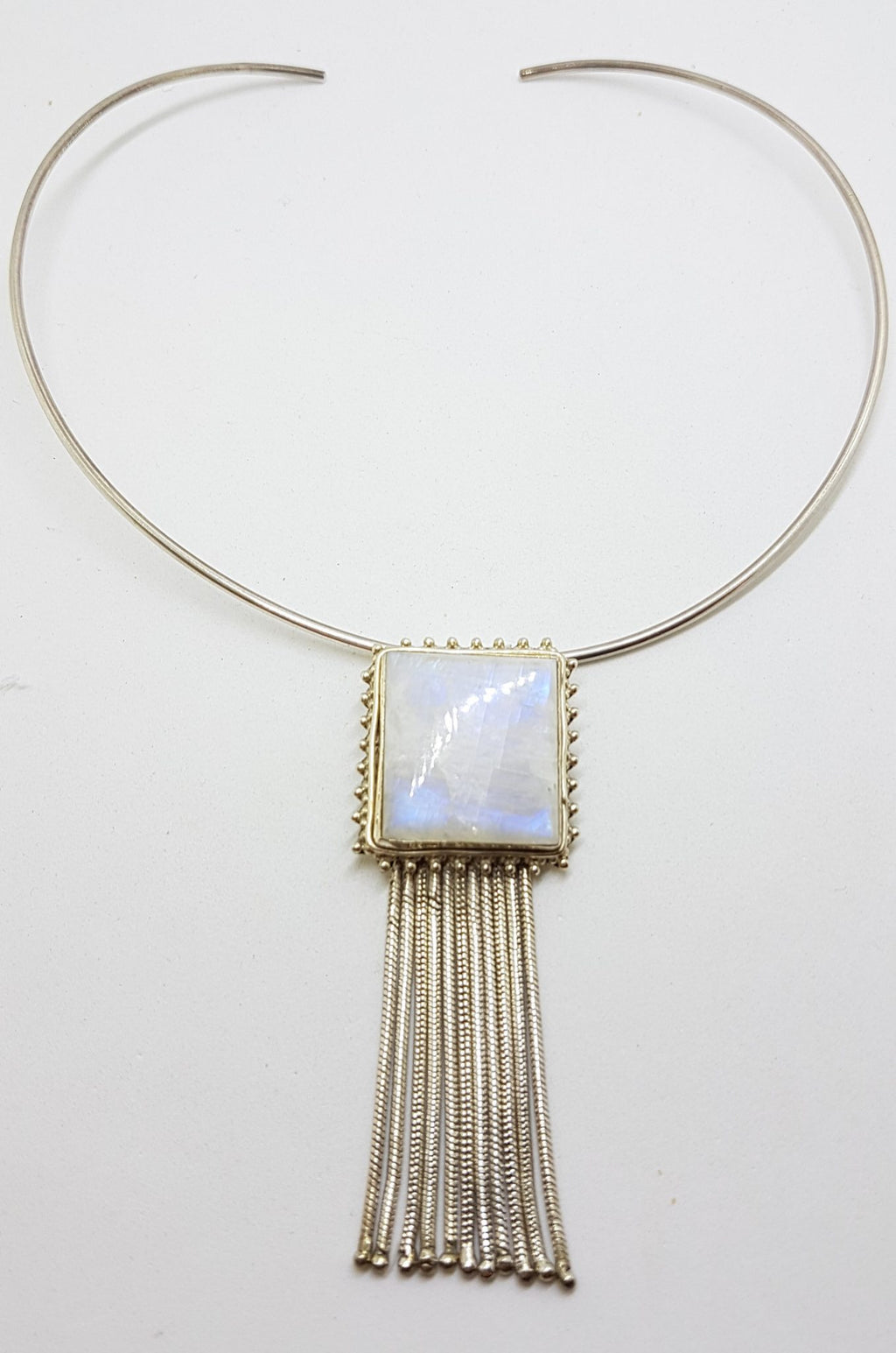 Sterling Silver Large Square Moonstone with Tassels Pendant on Choker / Chain