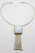 Sterling Silver Large Square Moonstone with Tassels Pendant on Choker / Chain