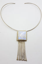 Sterling Silver Large Square Moonstone with Tassels Pendant on Choker / Chain