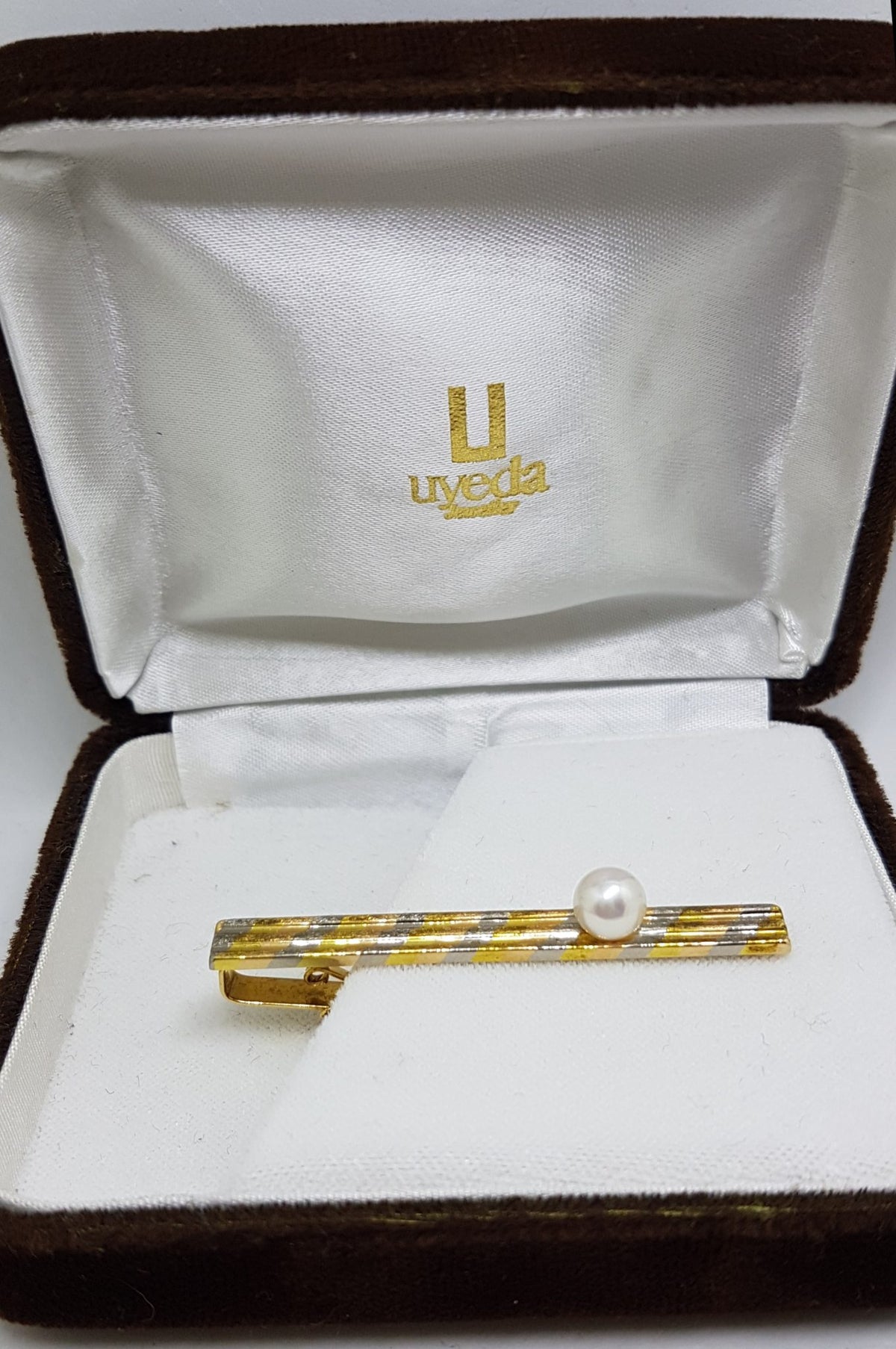 18ct Yellow and White Gold Two Tone Tie Clip with Pearl - Tie Bar