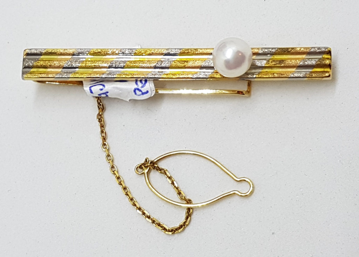 18ct Yellow and White Gold Two Tone Tie Clip with Pearl - Tie Bar