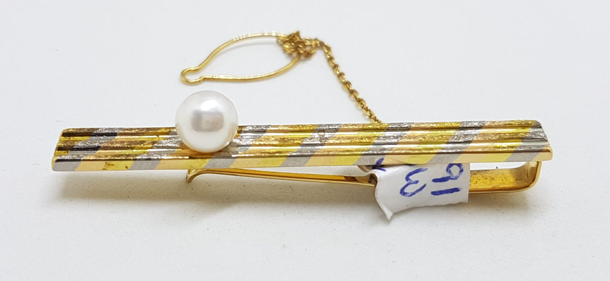 18ct Yellow and White Gold Two Tone Tie Clip with Pearl - Tie Bar