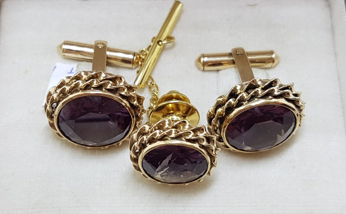 14ct Yellow Gold Large Round Amethyst Cufflinks &amp; Stud Set - Vintage / Antique