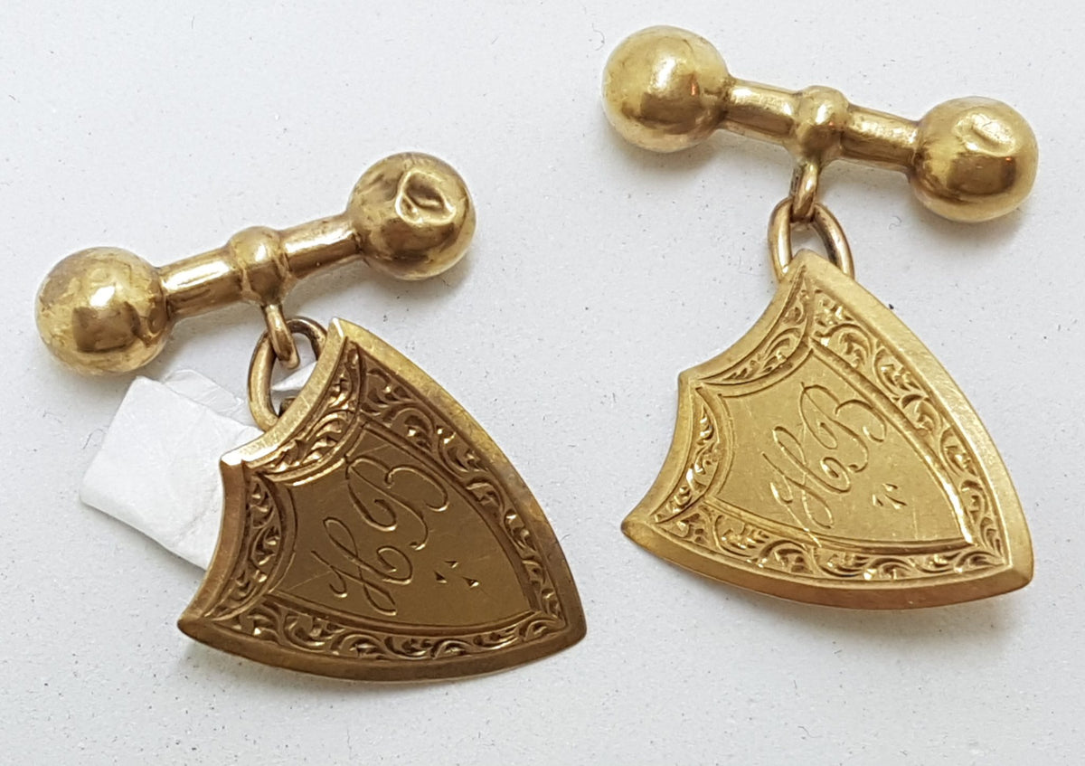 9ct Yellow Gold Initialled "H.B." Ornate Shield Shape Cufflinks - Vintage / Antique