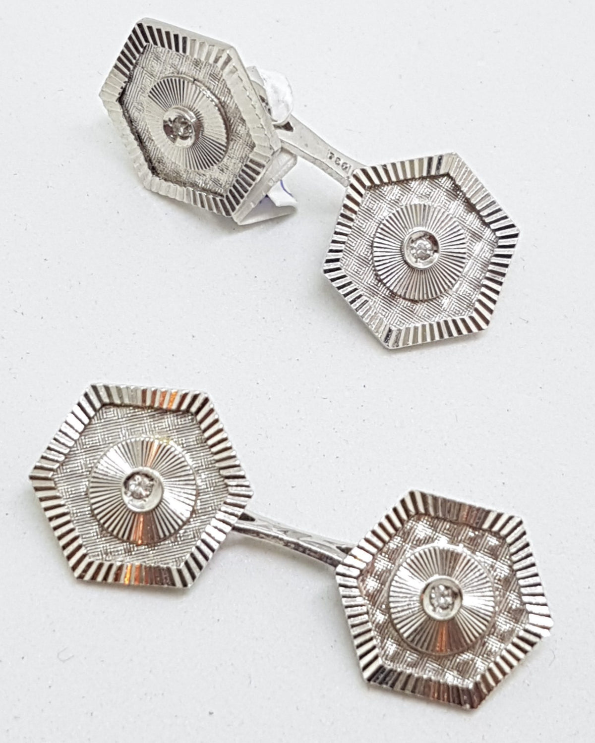 18ct White Gold Hexagonal Shape Diamond Cufflinks - Vintage / Antique