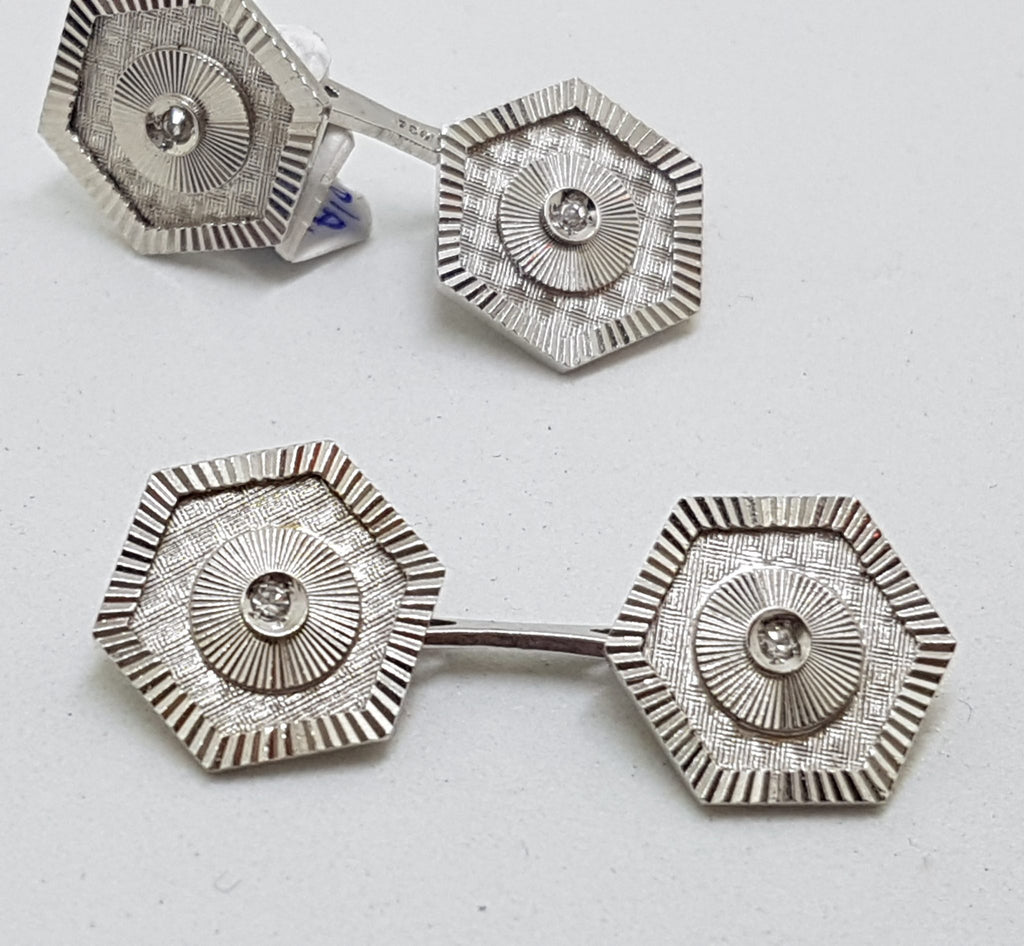 18ct White Gold Hexagonal Shape Diamond Cufflinks - Vintage / Antique