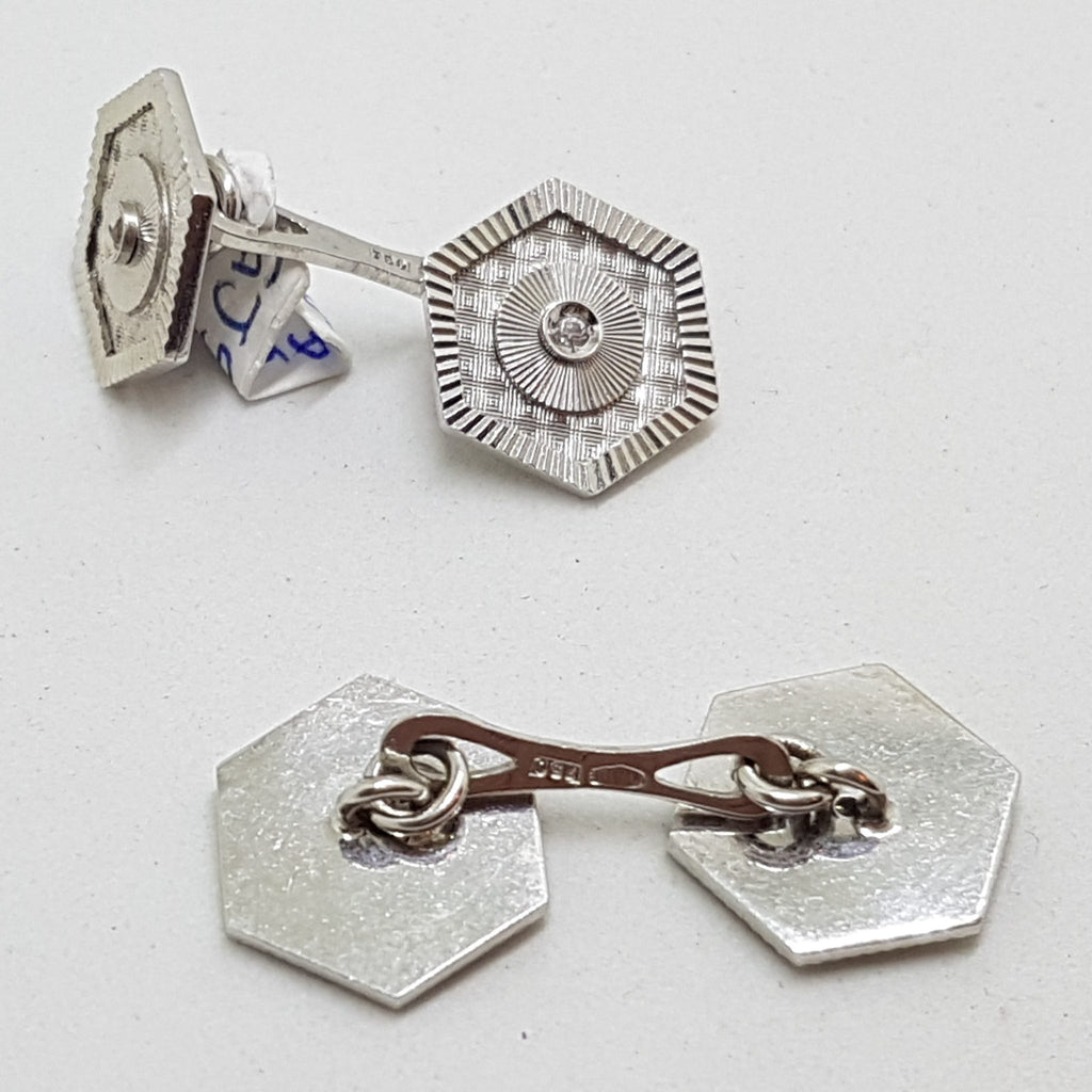 18ct White Gold Hexagonal Shape Diamond Cufflinks - Vintage / Antique
