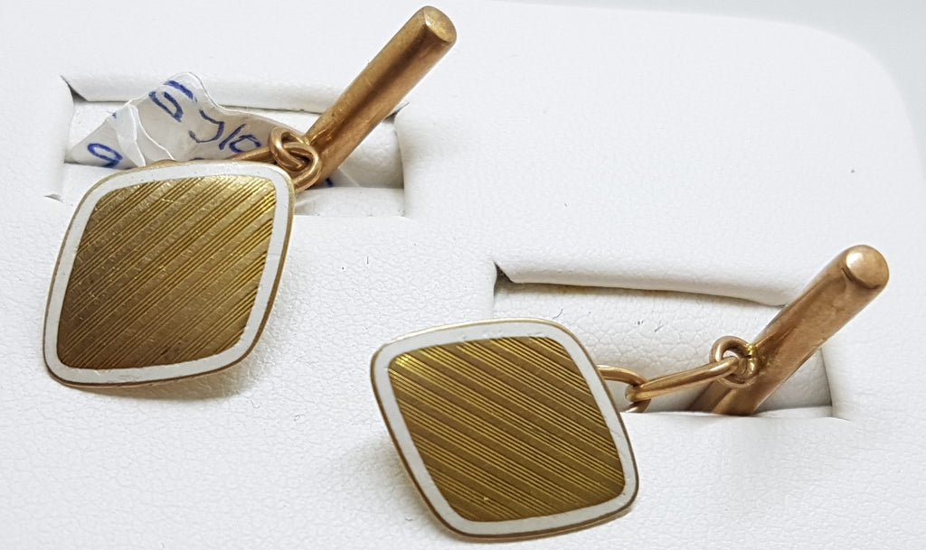 9ct Yellow Gold with White Enamel Cufflinks - Diamond Shape - Vintage / Antique