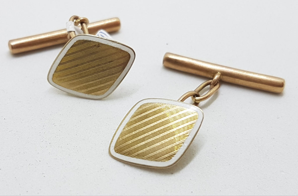 9ct Yellow Gold with White Enamel Cufflinks - Diamond Shape - Vintage / Antique