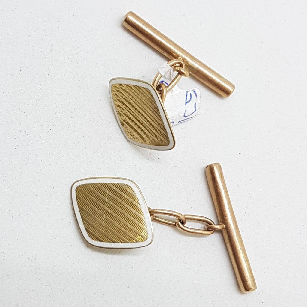 9ct Yellow Gold with White Enamel Cufflinks - Diamond Shape - Vintage / Antique