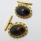18ct Yellow Gold Ornate Large Oval Blue Tiger Eye Cufflinks - Vintage / Antique