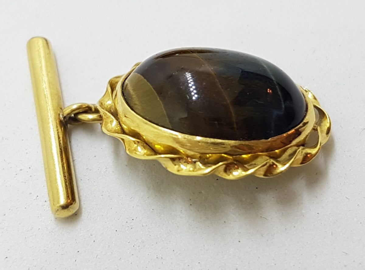 18ct Yellow Gold Ornate Large Oval Blue Tiger Eye Cufflinks - Vintage / Antique