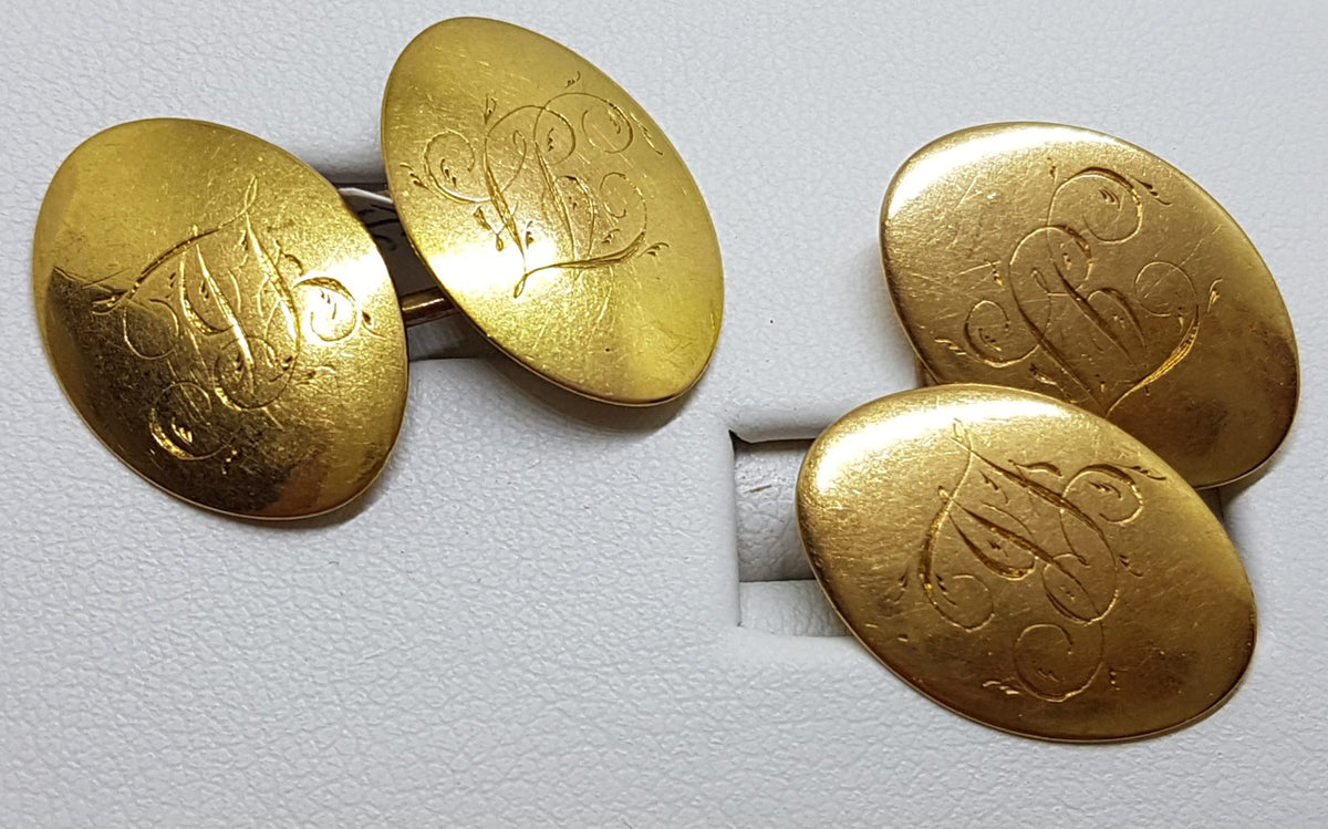 15ct Yellow Gold Initialled "L.B.J" Oval Cufflinks - Vintage / Antique